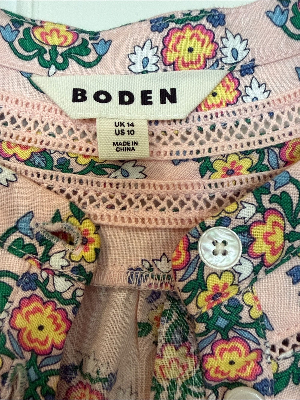 Boden Pink Floral 100% Linen Button-Front Peasant Blouse - Picture 2 of 10